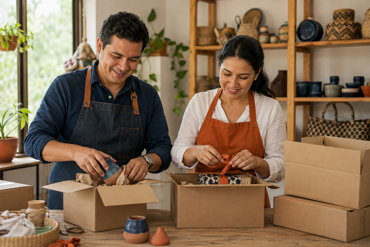 Emprendedores colombianos preparando productos para enviar